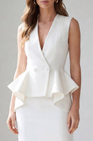 Load image into Gallery viewer, Light Ivory Midi 2 Piece V-Neck Double Breasted Business Suits