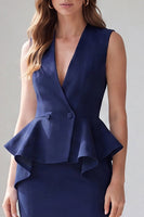 Load image into Gallery viewer, Light Ivory Midi 2 Piece V-Neck Double Breasted Business Suits