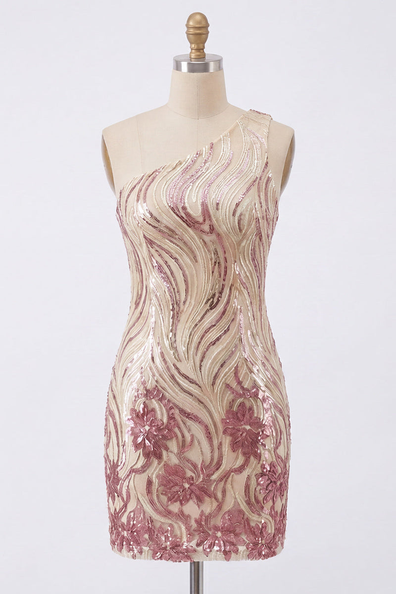 Load image into Gallery viewer, Sparkly Gold and Pink Floral Sequin Tight Short Birthday Party Dress