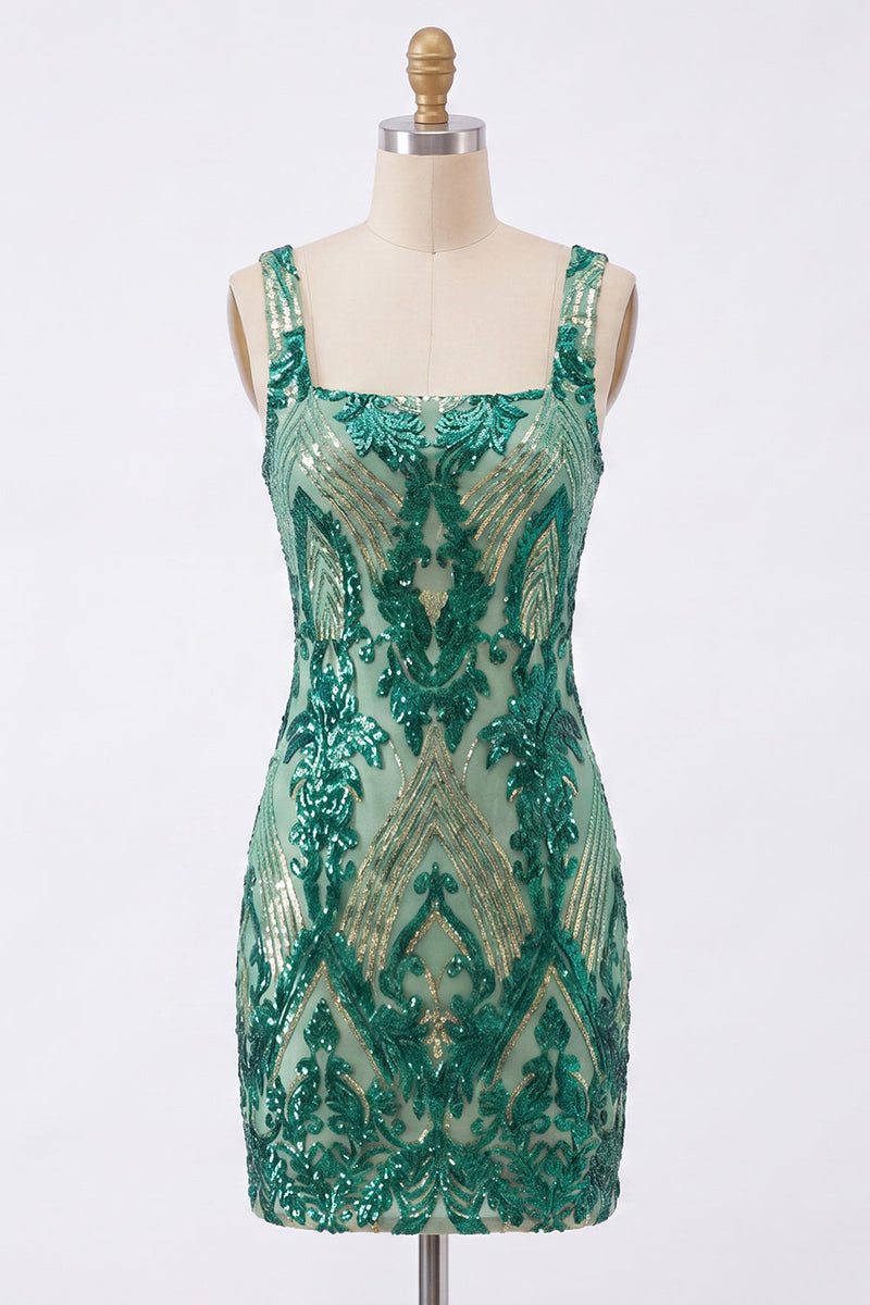 Load image into Gallery viewer, Sparkly Dark Green Tight Sequin Short Square Neck Cocktail Dress