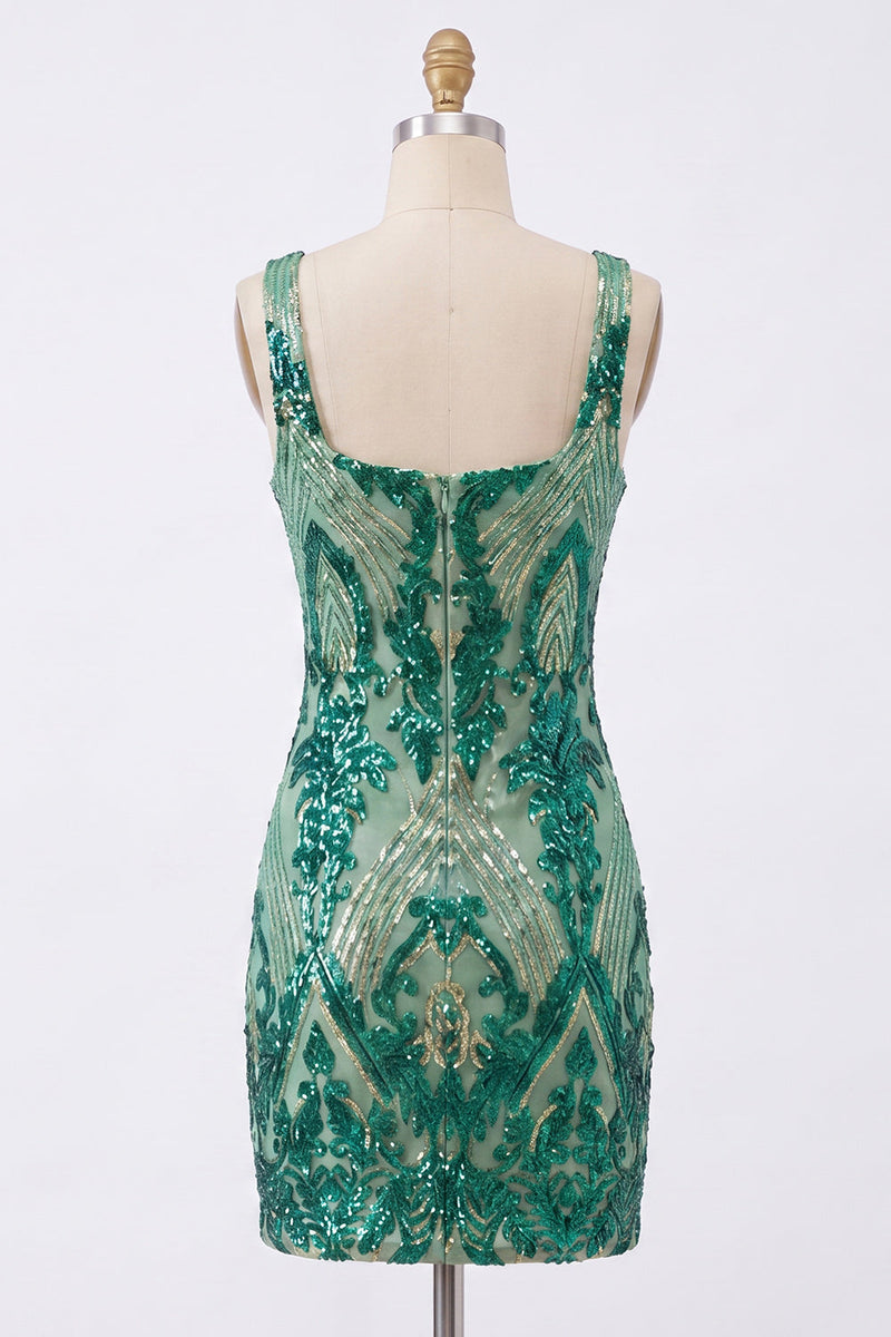 Load image into Gallery viewer, Sparkly Dark Green Tight Sequin Short Square Neck Cocktail Dress