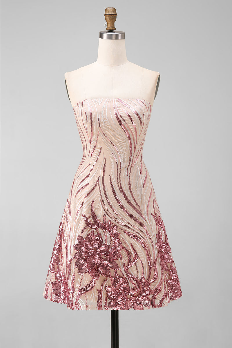 Load image into Gallery viewer, Sparkly Gold and Pink Strapless Floral Short Sequin Cocktail Dress