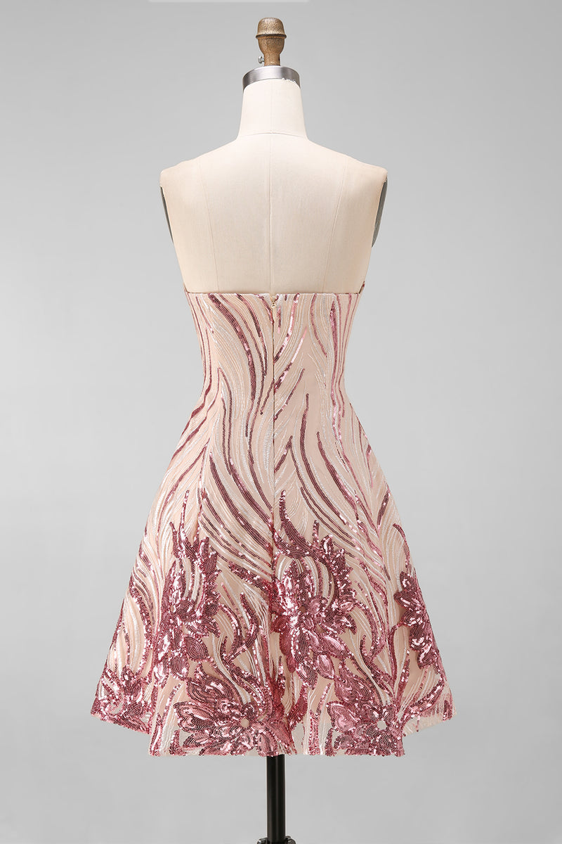 Load image into Gallery viewer, Sparkly Gold and Pink Strapless Floral Short Sequin Cocktail Dress
