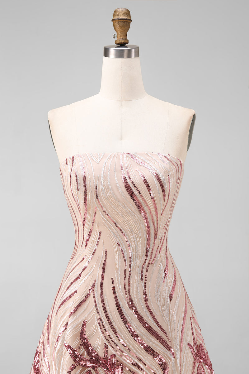 Load image into Gallery viewer, Sparkly Gold and Pink Strapless Floral Short Sequin Cocktail Dress