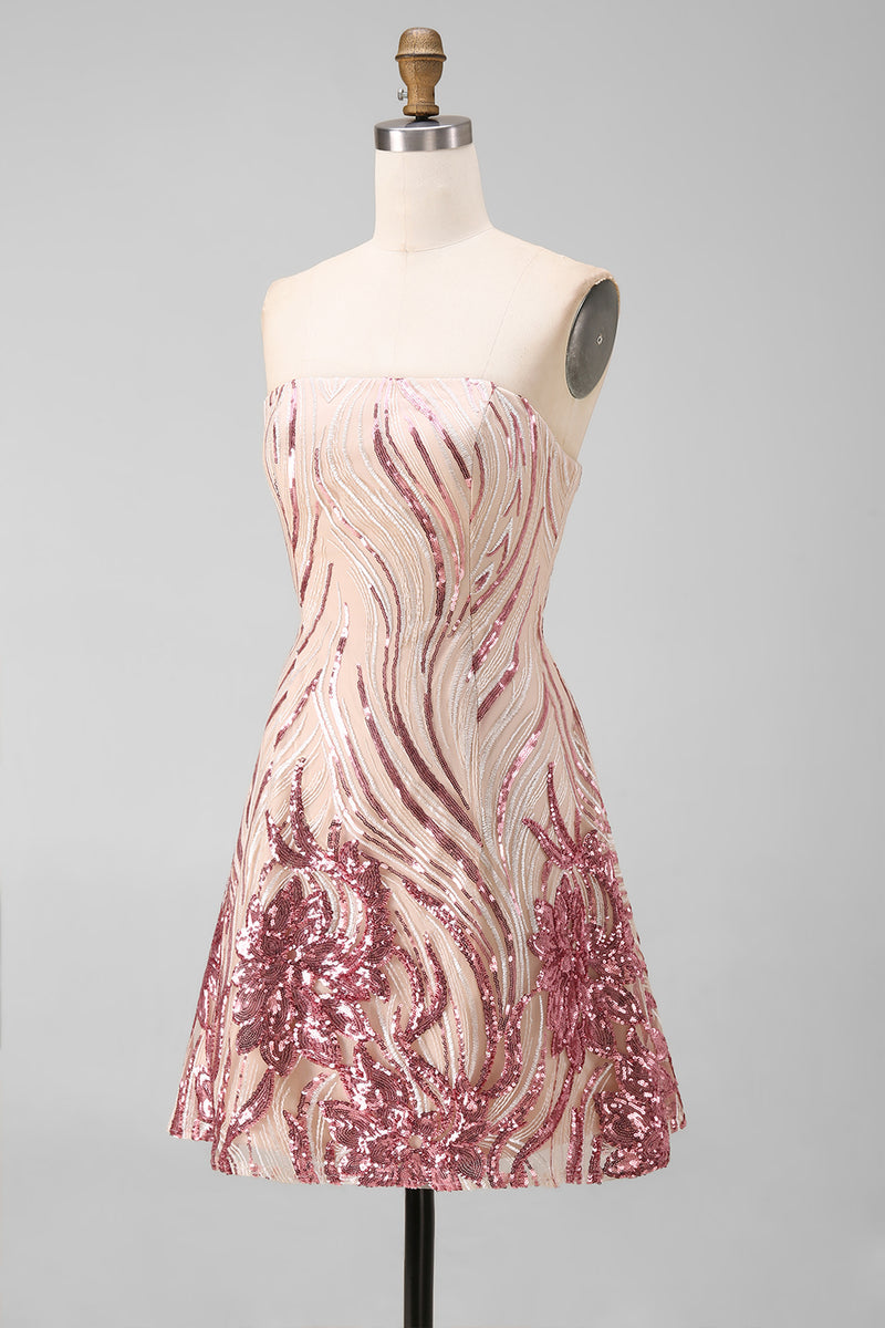 Load image into Gallery viewer, Sparkly Gold and Pink Strapless Floral Short Sequin Cocktail Dress