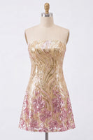 Load image into Gallery viewer, Sparkly Gold and Pink Strapless Floral Short Sequin Cocktail Dress