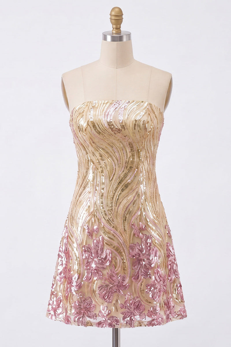 Load image into Gallery viewer, Sparkly Gold and Pink Strapless Floral Short Sequin Cocktail Dress