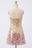 Load image into Gallery viewer, Sparkly Gold and Pink Strapless Floral Short Sequin Cocktail Dress