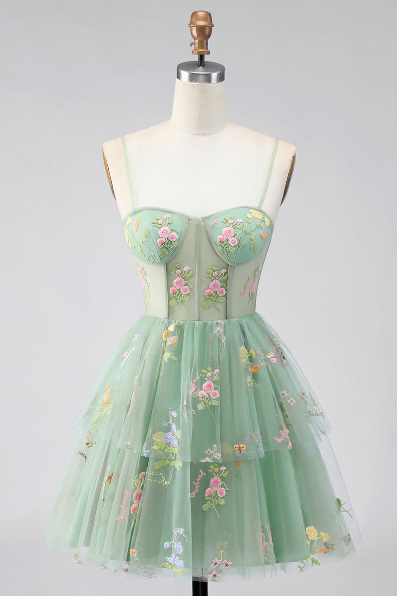 Load image into Gallery viewer, Dusty Sage Corset Floral Short A Line Birthday Party Dress with Ruffles