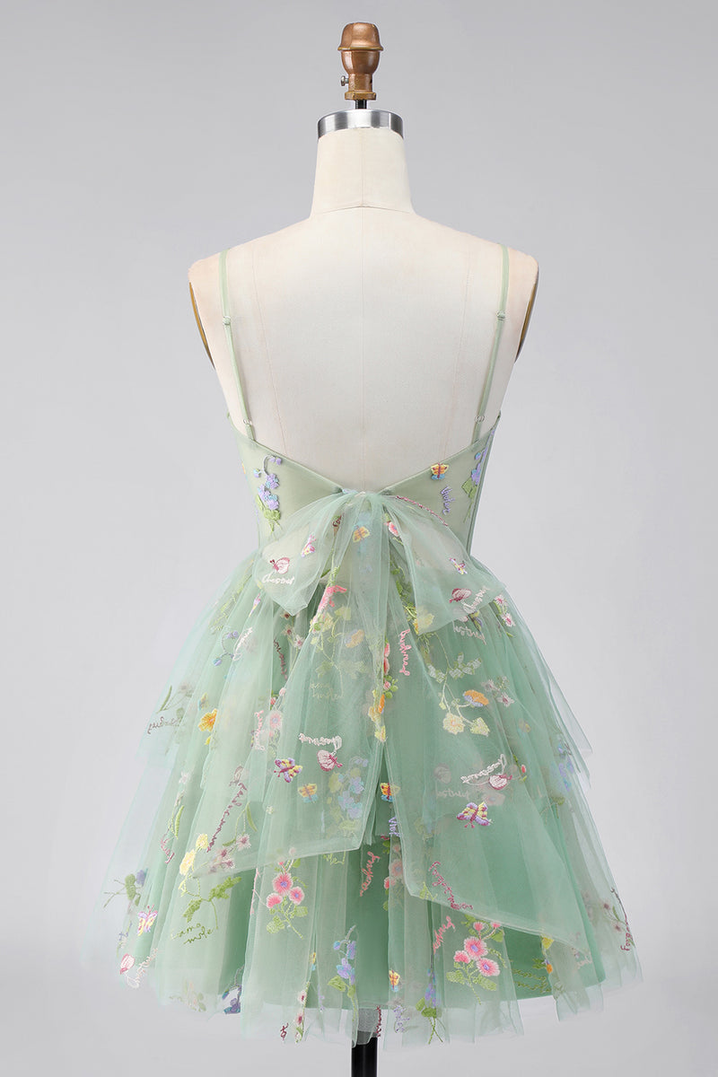 Load image into Gallery viewer, Dusty Sage Corset Floral Short A Line Birthday Party Dress with Ruffles
