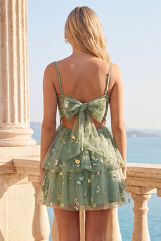 Dusty Sage Corset Floral Short A Line Birthday Party Dress with Ruffles
