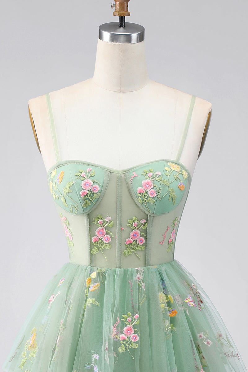 Load image into Gallery viewer, Dusty Sage Corset Floral Short A Line Birthday Party Dress with Ruffles