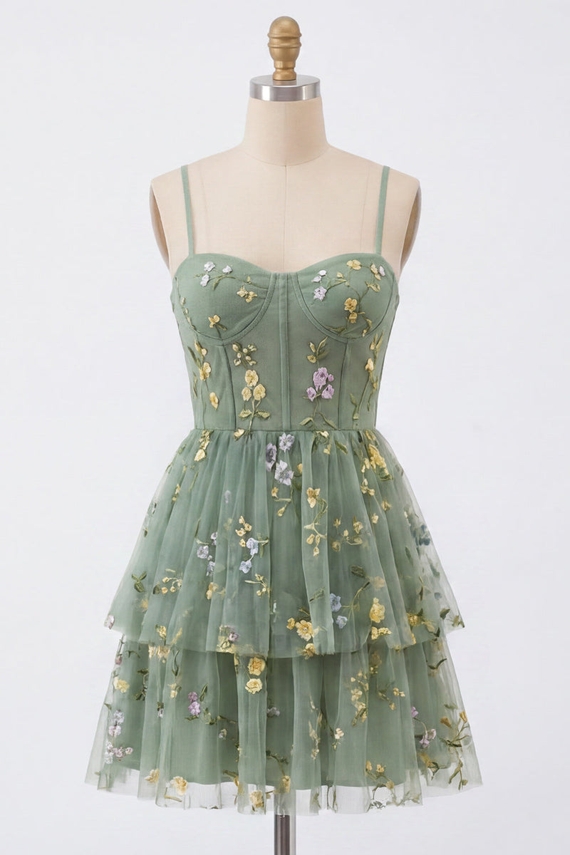 Load image into Gallery viewer, Dusty Sage Corset Floral Short A Line Birthday Party Dress with Ruffles