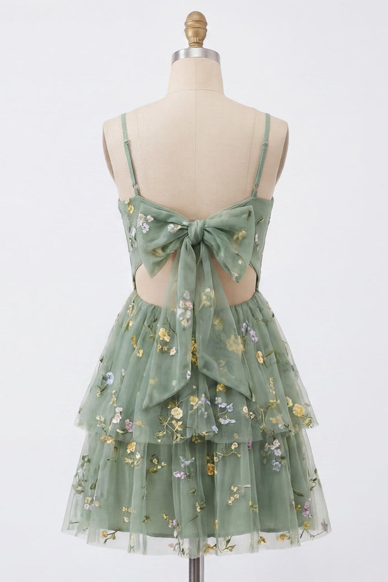 Load image into Gallery viewer, Dusty Sage Corset Floral Short A Line Birthday Party Dress with Ruffles