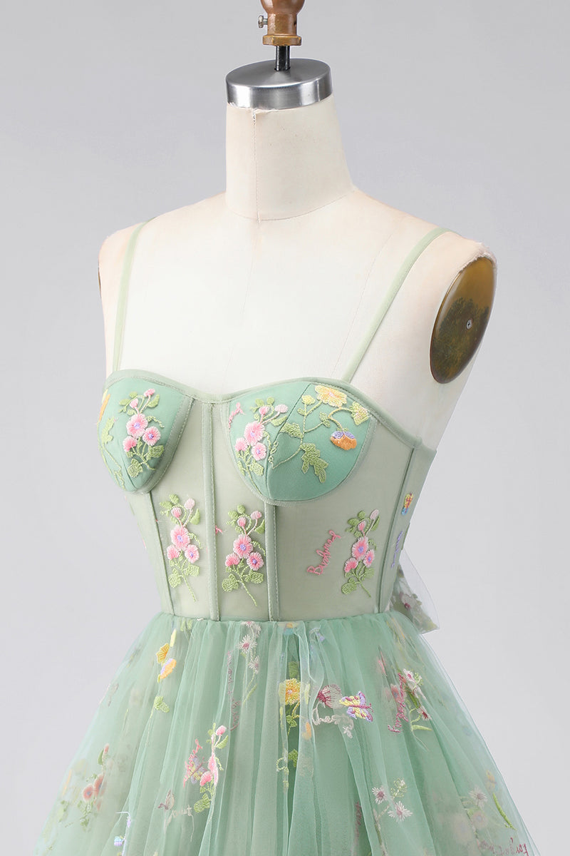 Load image into Gallery viewer, Dusty Sage Corset Floral Short A Line Birthday Party Dress with Ruffles