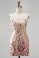 Load image into Gallery viewer, Sparkly Gold and Pink Floral Strapless Tight Short Sequin Birthday Party Dress