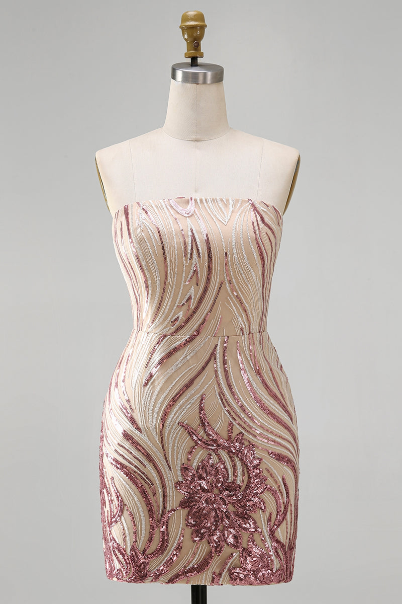 Load image into Gallery viewer, Sparkly Gold and Pink Floral Strapless Tight Short Sequin Birthday Party Dress