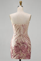 Load image into Gallery viewer, Sparkly Gold and Pink Floral Strapless Tight Short Sequin Birthday Party Dress