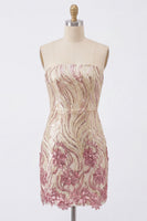 Load image into Gallery viewer, Sparkly Gold and Pink Floral Strapless Tight Short Sequin Birthday Party Dress
