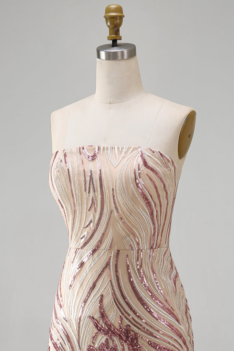 Load image into Gallery viewer, Sparkly Gold and Pink Floral Strapless Tight Short Sequin Birthday Party Dress