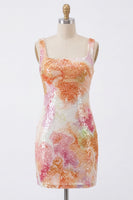 Load image into Gallery viewer, Sparkly Orange Floral Sequin Tight Short Square Neck Birthday Party Dress