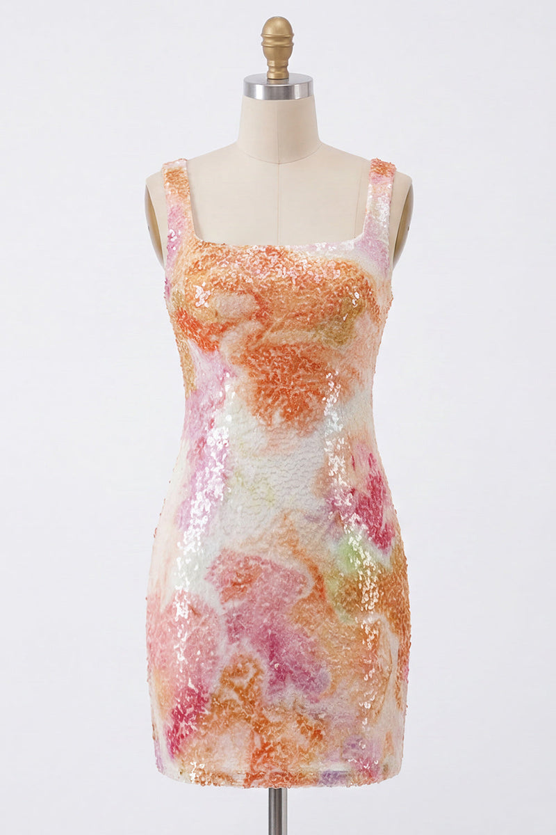 Load image into Gallery viewer, Sparkly Orange Floral Sequin Tight Short Square Neck Birthday Party Dress