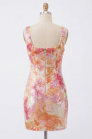 Load image into Gallery viewer, Sparkly Orange Floral Sequin Tight Short Square Neck Birthday Party Dress