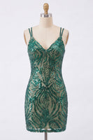 Load image into Gallery viewer, Sparkly Dark Green Sequin Tight Short V-Neck Birthday Party Dress