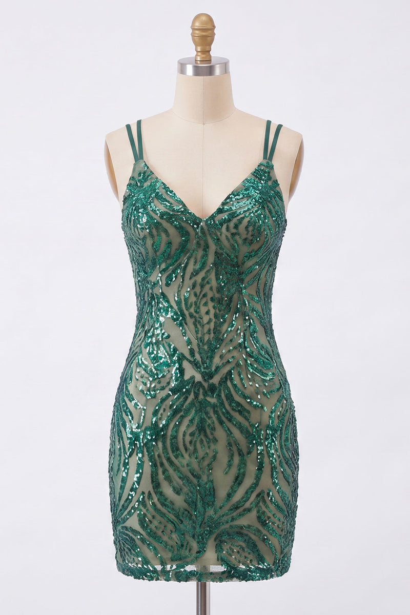 Load image into Gallery viewer, Sparkly Dark Green Sequin Tight Short V-Neck Birthday Party Dress
