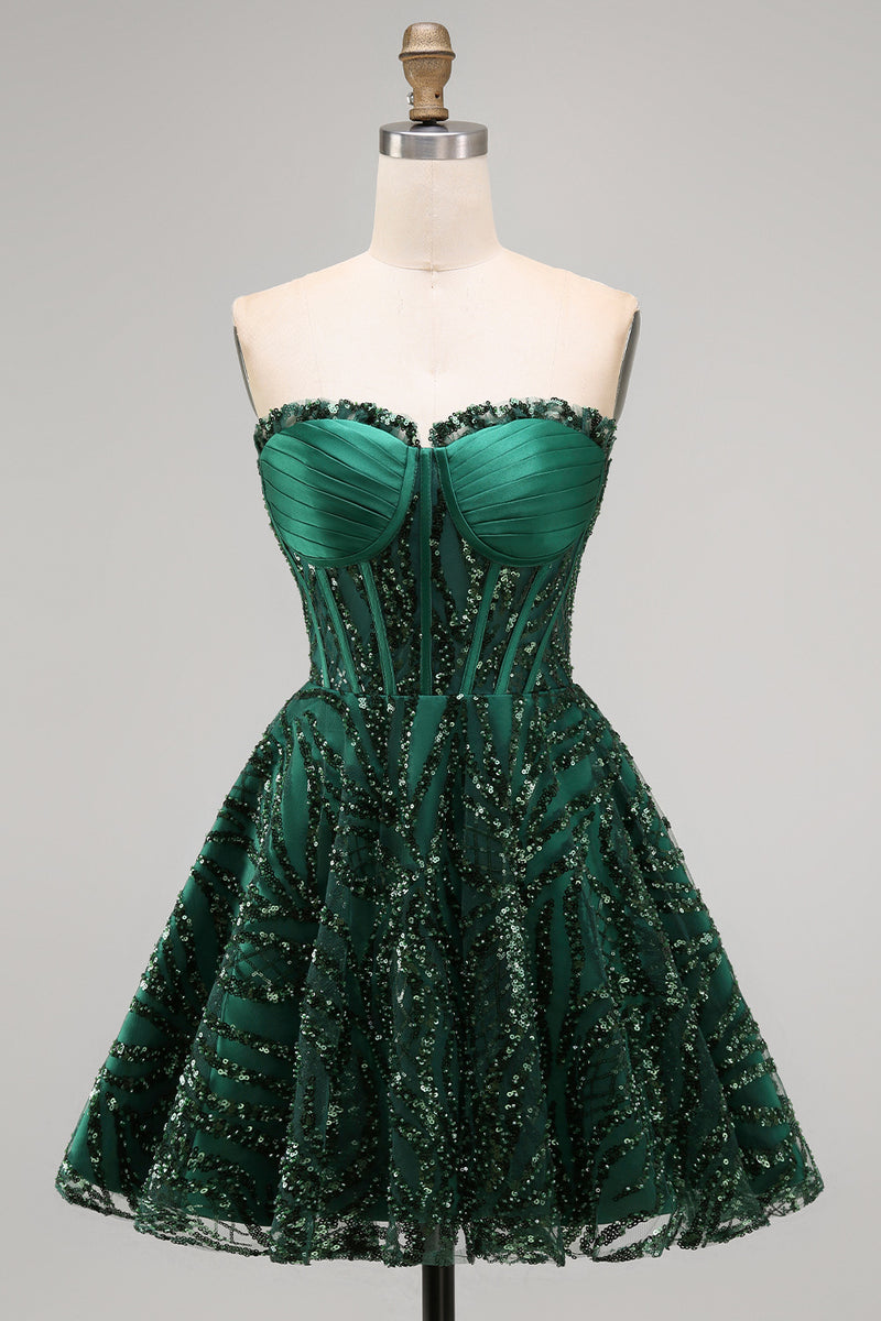 Load image into Gallery viewer, Sparkly Strapless Dark Green Corset Short A Line Birthday Party Dress