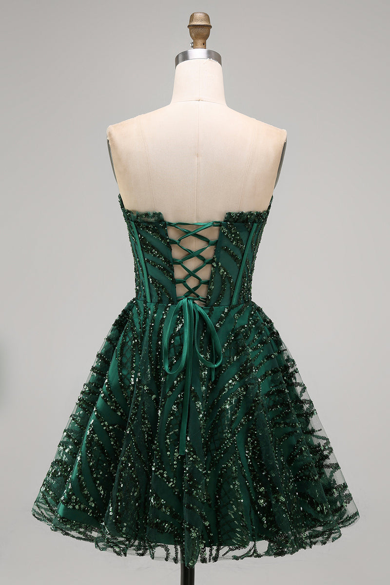 Load image into Gallery viewer, Sparkly Strapless Dark Green Corset Short A Line Birthday Party Dress