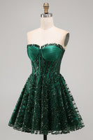 Load image into Gallery viewer, Sparkly Strapless Dark Green Corset Short A Line Birthday Party Dress