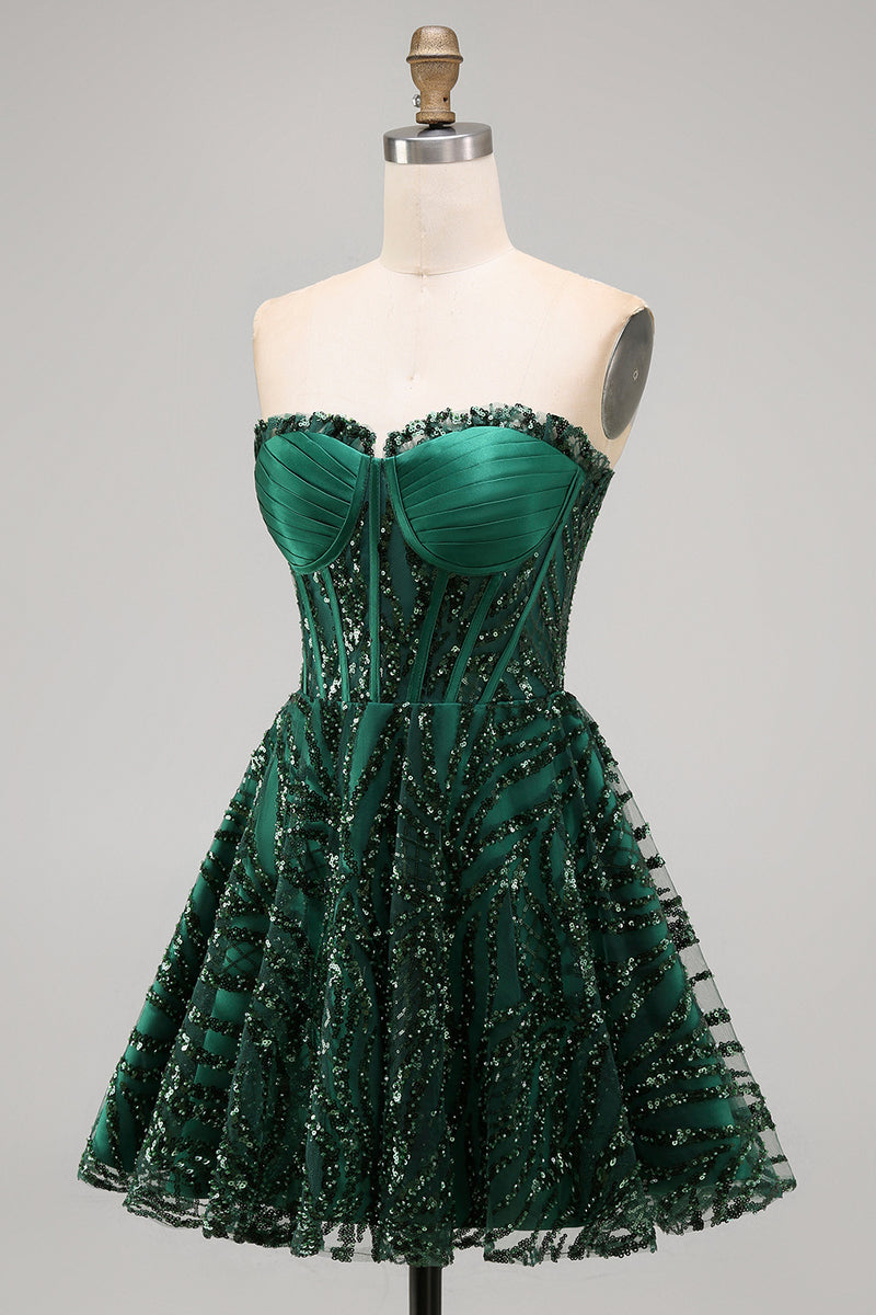 Load image into Gallery viewer, Sparkly Strapless Dark Green Corset Short A Line Birthday Party Dress