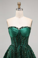 Load image into Gallery viewer, Sparkly Strapless Dark Green Corset Short A Line Birthday Party Dress