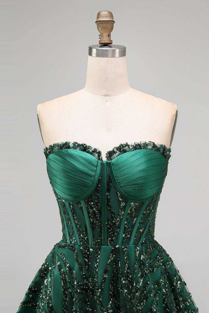 Load image into Gallery viewer, Sparkly Strapless Dark Green Corset Short A Line Birthday Party Dress