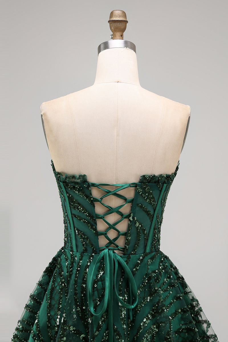 Load image into Gallery viewer, Sparkly Strapless Dark Green Corset Short A Line Birthday Party Dress