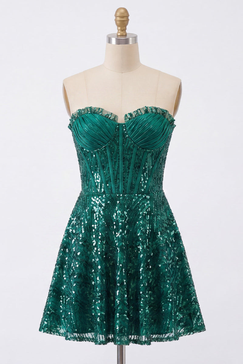 Load image into Gallery viewer, Sparkly Strapless Dark Green Corset Short A Line Birthday Party Dress