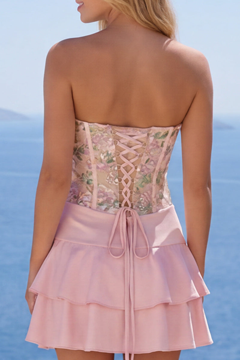 Load image into Gallery viewer, Pink Floral A Line Short Birthday Party Dress with Ruffles