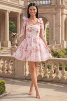 Load image into Gallery viewer, Short White Pink Flower A Line Birthday Party Dress with Bows