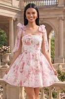 Load image into Gallery viewer, Short White Pink Flower A Line Birthday Party Dress with Bows