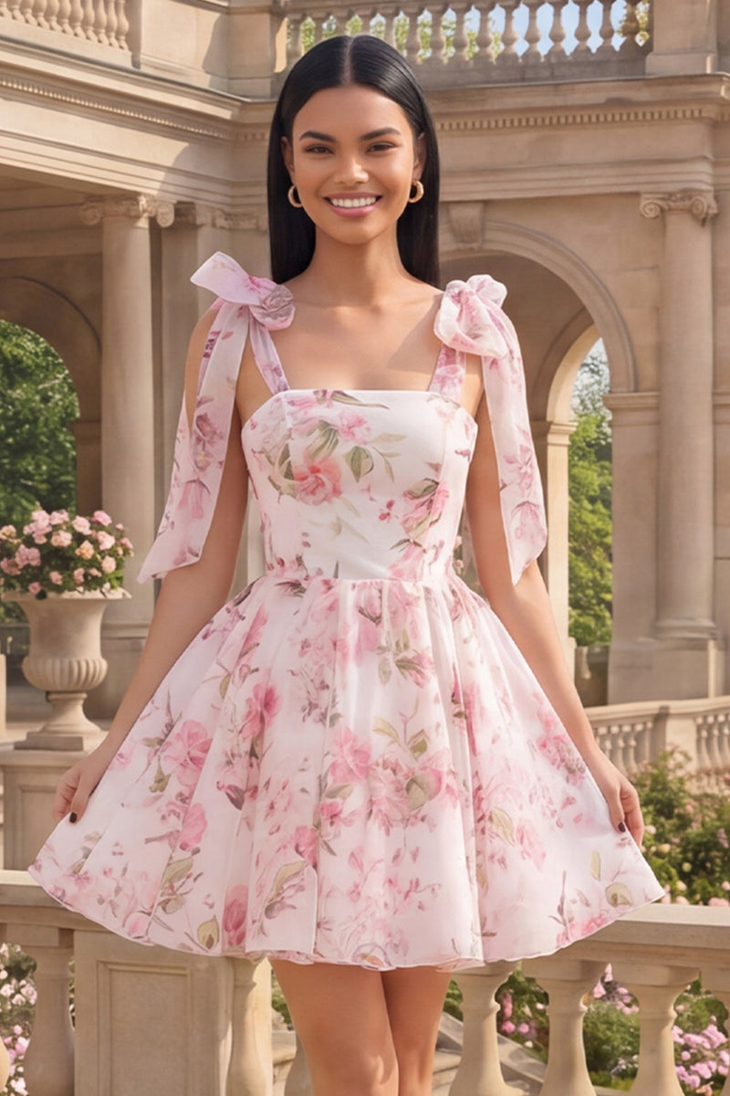 Load image into Gallery viewer, Short White Pink Flower A Line Birthday Party Dress with Bows