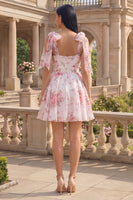 Load image into Gallery viewer, Short White Pink Flower A Line Birthday Party Dress with Bows