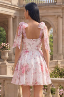 Load image into Gallery viewer, Short White Pink Flower A Line Birthday Party Dress with Bows
