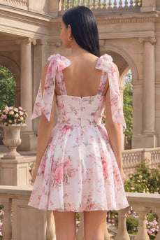 Short White Pink Flower A Line Birthday Party Dress with Bows