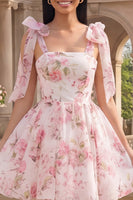 Load image into Gallery viewer, Short White Pink Flower A Line Birthday Party Dress with Bows