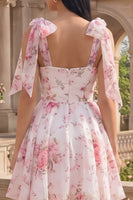 Load image into Gallery viewer, Short White Pink Flower A Line Birthday Party Dress with Bows