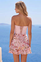 Load image into Gallery viewer, Pink Floral Short Corset Strapless Ruched A Line Birthday Party Dress