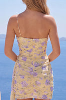 Load image into Gallery viewer, Sparkly Light Yellow Tight Floral Short One Shoulder Birthday Party Dress with Sash