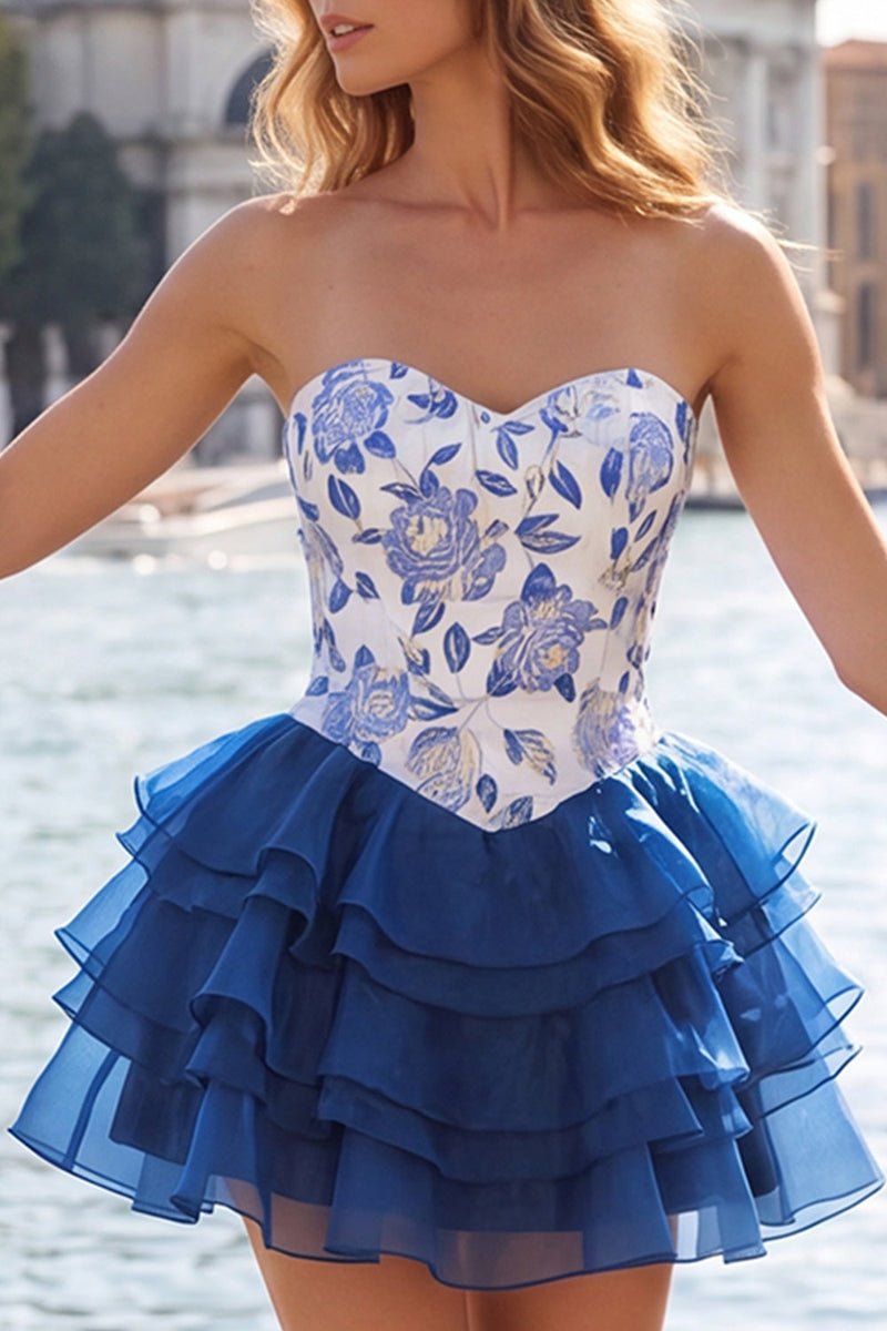 Load image into Gallery viewer, Yellow A Line Strapless Floral Short Cocktail Dress with Ruffles