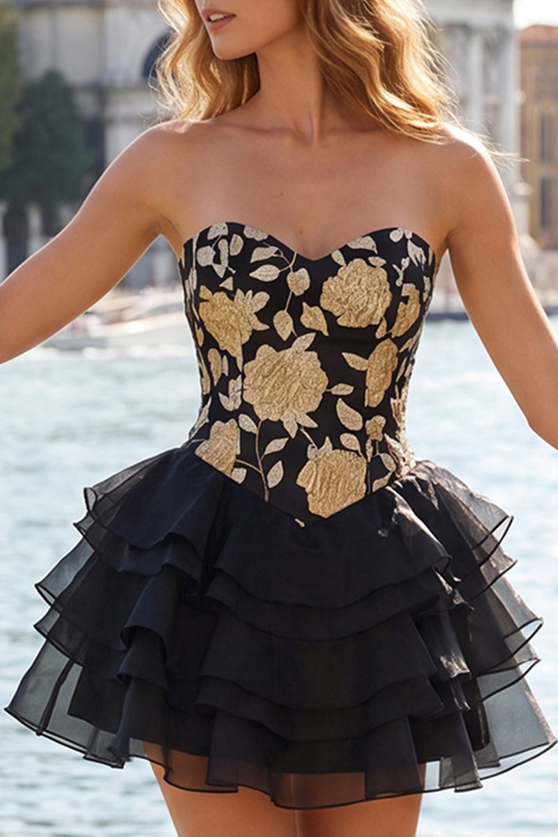 Load image into Gallery viewer, Yellow A Line Strapless Floral Short Cocktail Dress with Ruffles